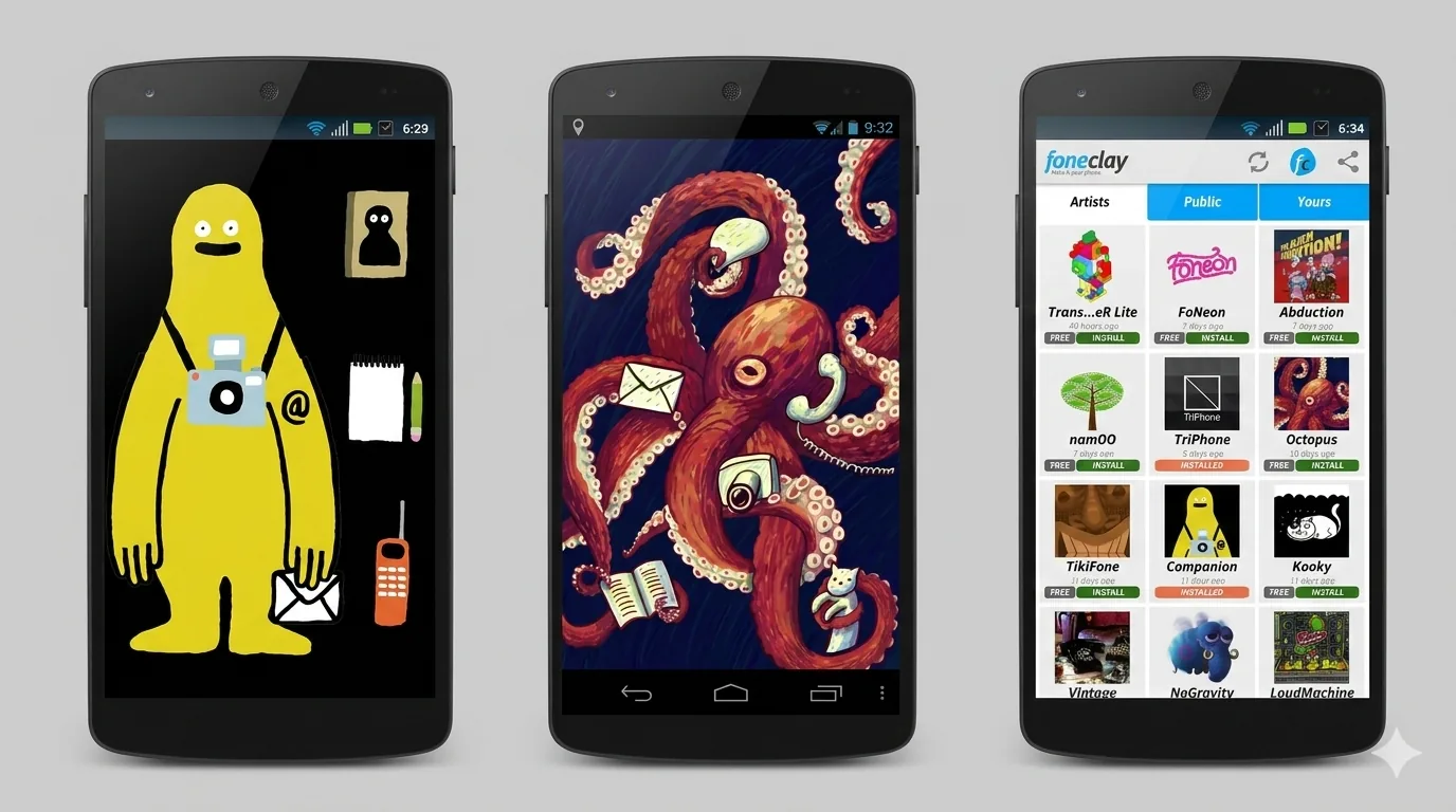 Three Android phones showing Fones: two illustrated launcher themes, a yellow character and a red octopus, and the Foneclay store listing launchers to install