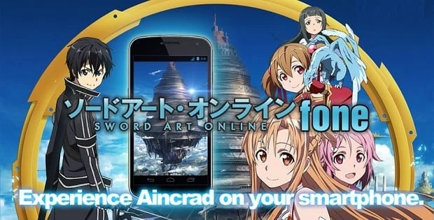 Promotional banner for the Sword Art Online Fone, with the anime's characters around a smartphone and the line "Experience Aincrad on your smartphone"
