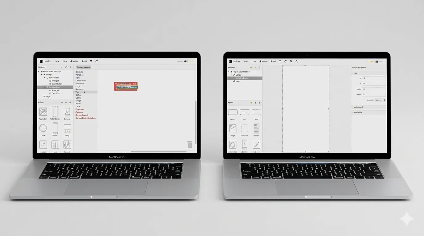 Two laptops showing Snapp Builder, the visual app creation tool: on the left the logic editor with its block library, on the right the screen designer with components and properties