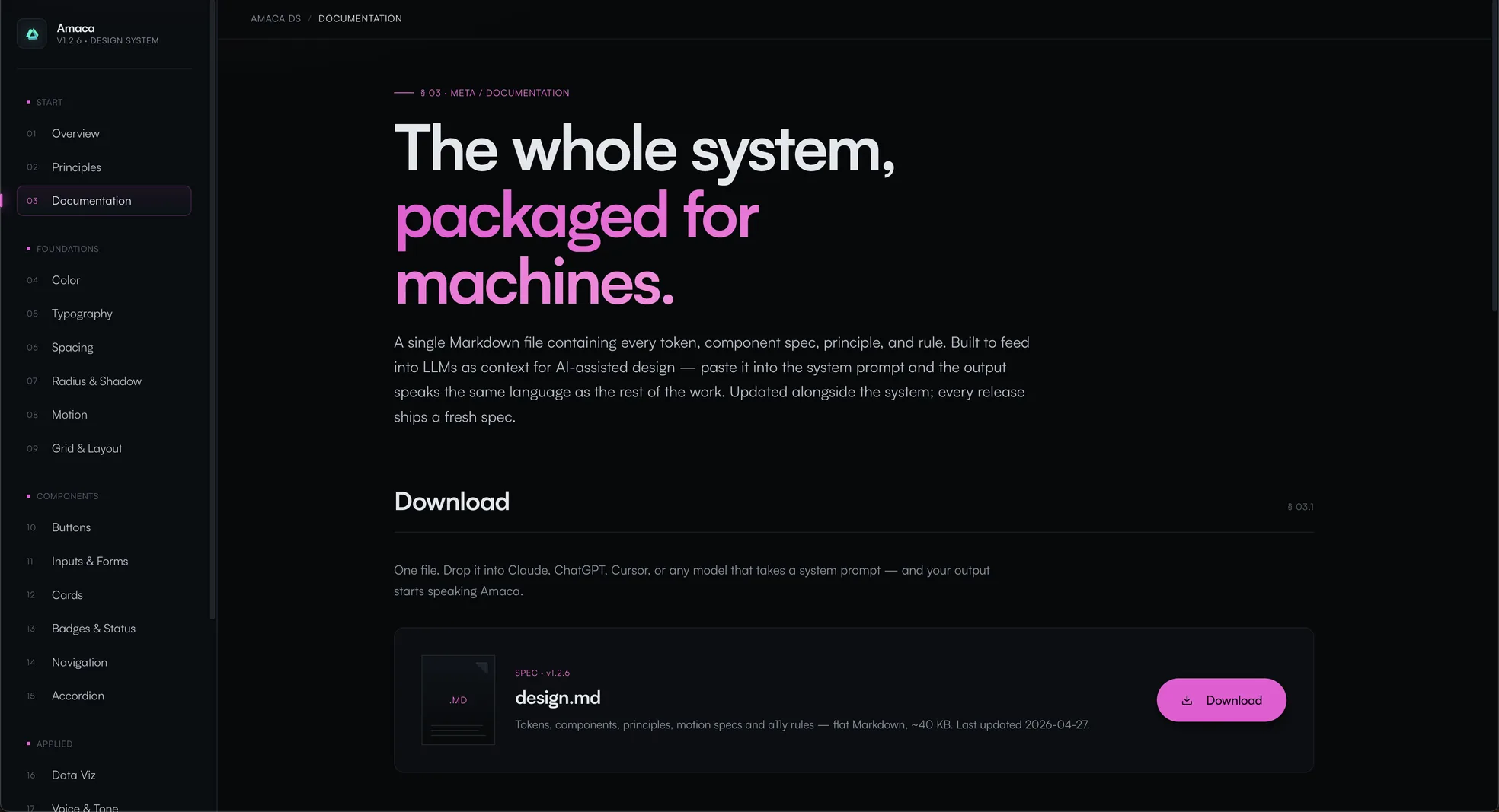 The Amaca design system site, Documentation page: "The whole system, packaged for machines.", a single design.md file to download and give to an AI model